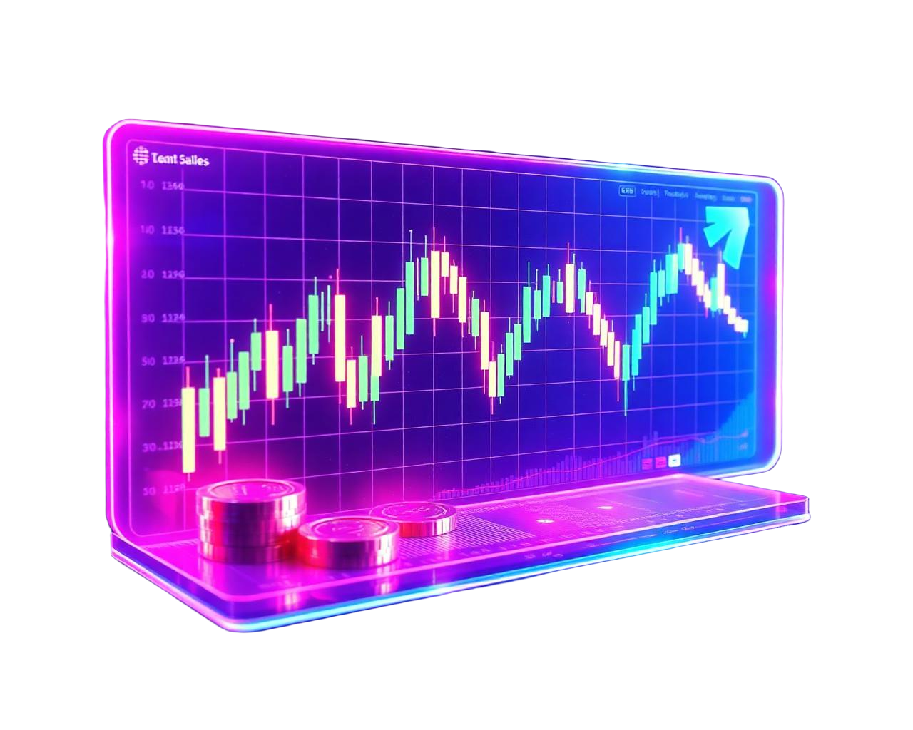 3D holographic crypto trading dashboard illustration